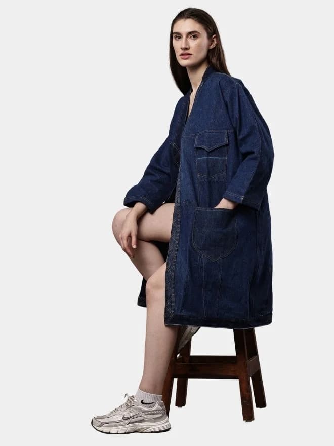 Denim Long Coat – Multi-Pocket Denim Coat — image 1 of 13