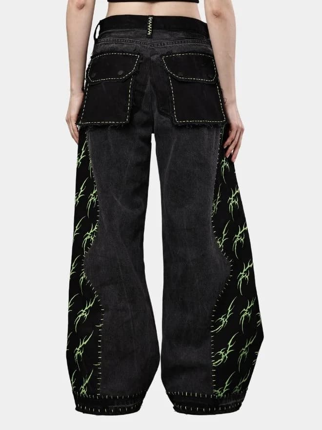Black Baggy Pants with Neon Green Hand Stitch thumbnail 2