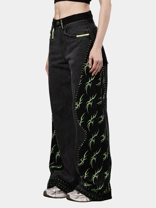 Black Baggy Pants with Neon Green Hand Stitch thumbnail 3