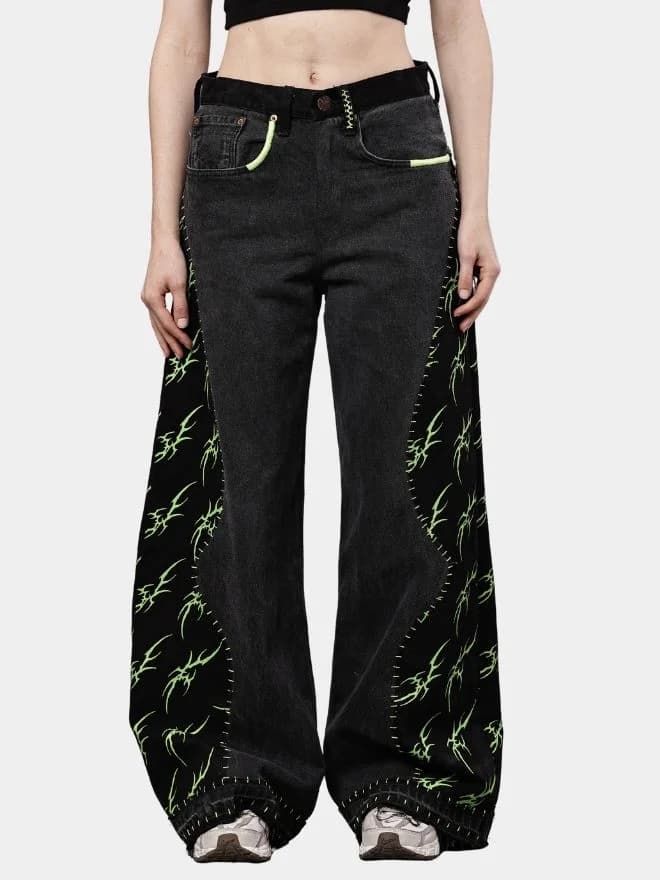 Black Baggy Pants with Neon Green Hand Stitch — image 1 of 13