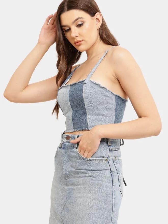 Two-Tone Raw Denim Corset Crop Top — image 1 of 12