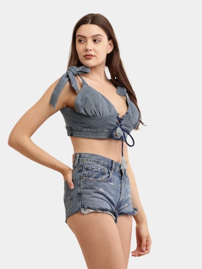 Denim Co-ord Set – Tie-Up Top & High-Waist Shorts — image 1 of 10