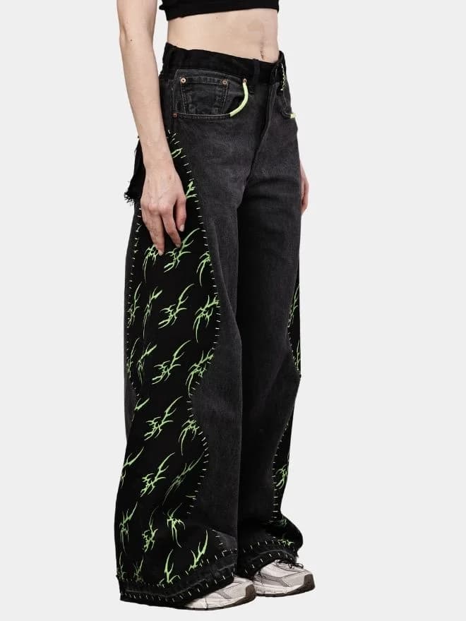 Black Baggy Pants with Neon Green Hand Stitch thumbnail 4