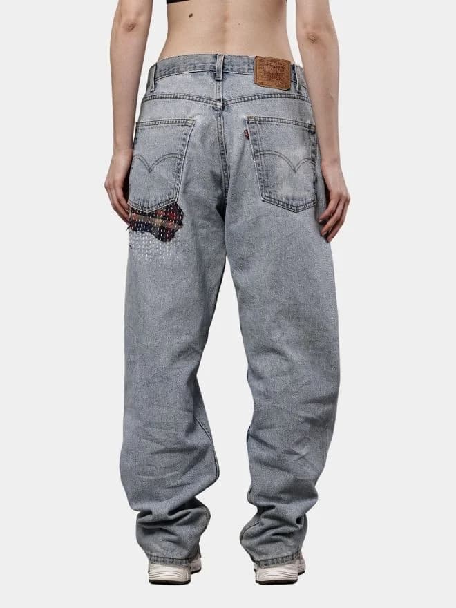Denim Pants with Sashiko Threadwork & Patch Embroidery thumbnail 2