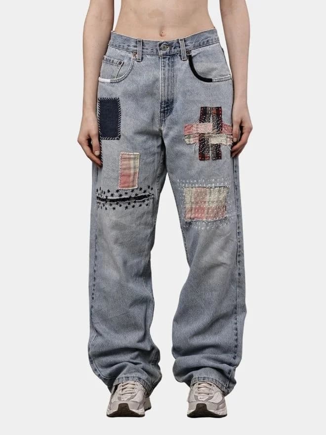 Denim Pants with Sashiko Threadwork & Patch Embroidery — image 1 of 12