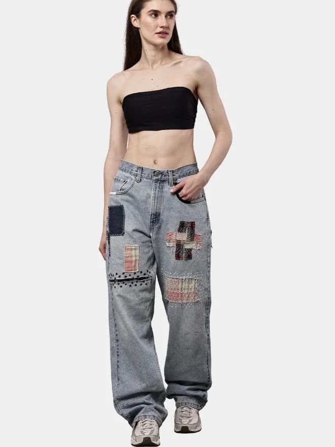Denim Pants with Sashiko Threadwork & Patch Embroidery thumbnail 4