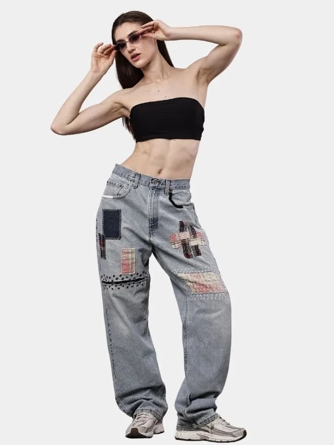 Denim Pants with Sashiko Threadwork & Patch Embroidery thumbnail 3