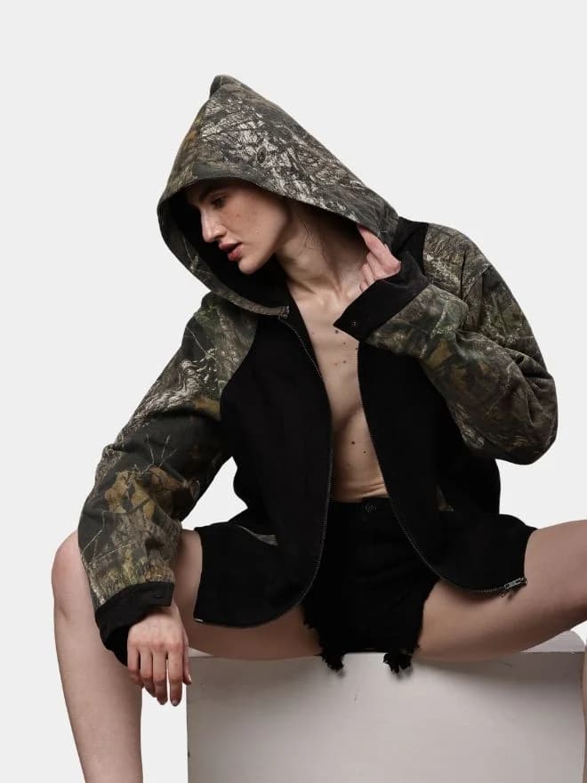 Reworked Realtree Camo & Black Denim Hooded Jacket thumbnail 3