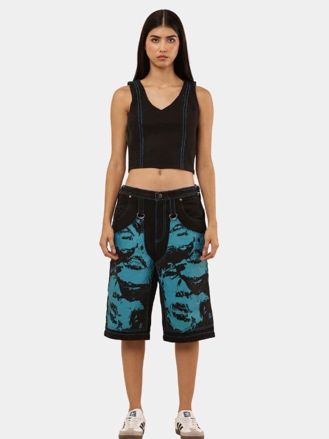 Blue Face Print Reworked Vintage Denim Jorts — image 1 of 9