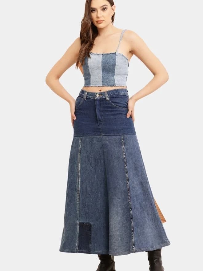 Denim Panelled Maxi Skirt thumbnail 4