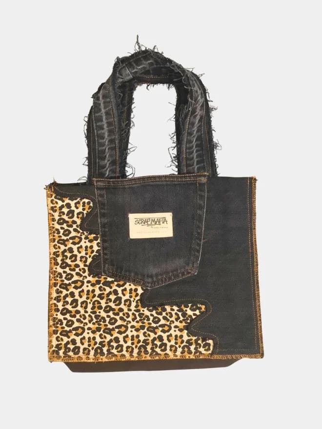 Black & Cheetah Print Upcycled Fabric Tote Bag — image 1 of 3