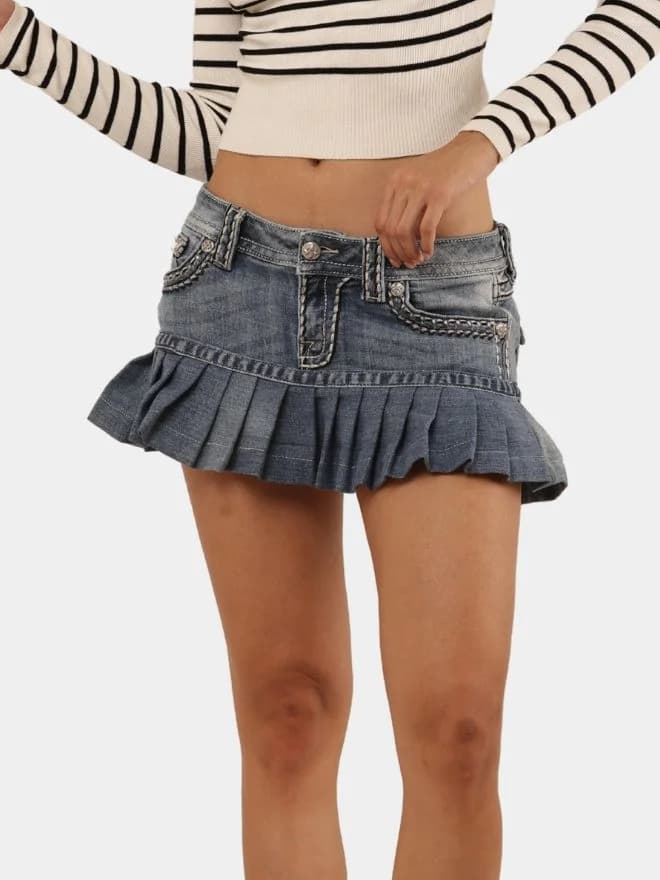 Pleated Denim Mini Skirt — image 1 of 9