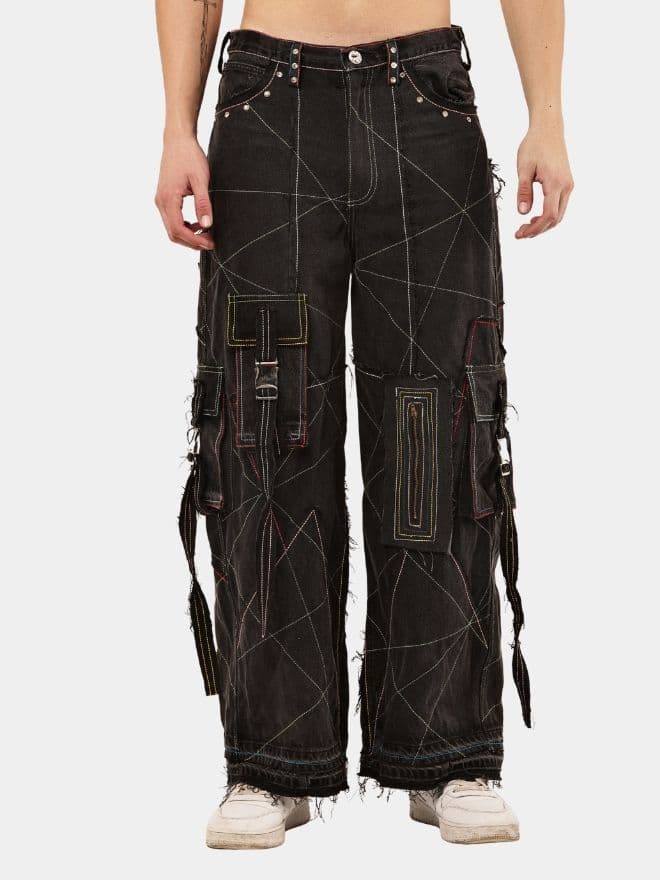 Black Panel Denim Cargo Pants – Contrast Stitch, Rhinestone Detail — image 1 of 15
