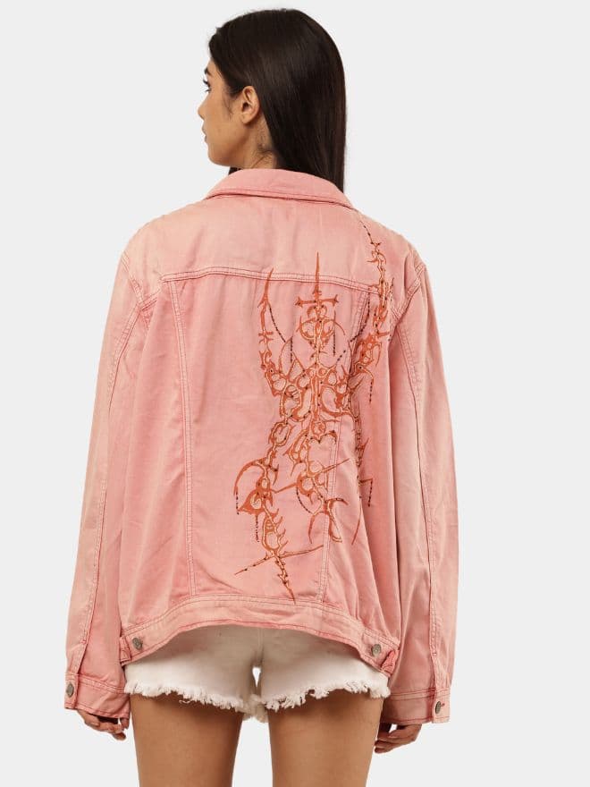 Denim Jacket with Cyberglism Back Print & Hand Cudana Work — image 1 of 14