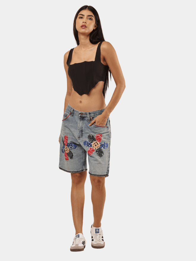 Reworked Wrangler Denim Jorts – Bandana Floral Patchwork — image 1 of 6