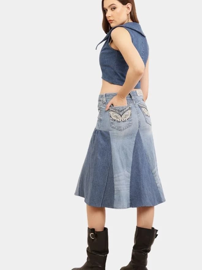 Broad Collar Reworked Levi’s Denim Top & Two-Tone Flared Studded Skirt Set — image 1 of 11