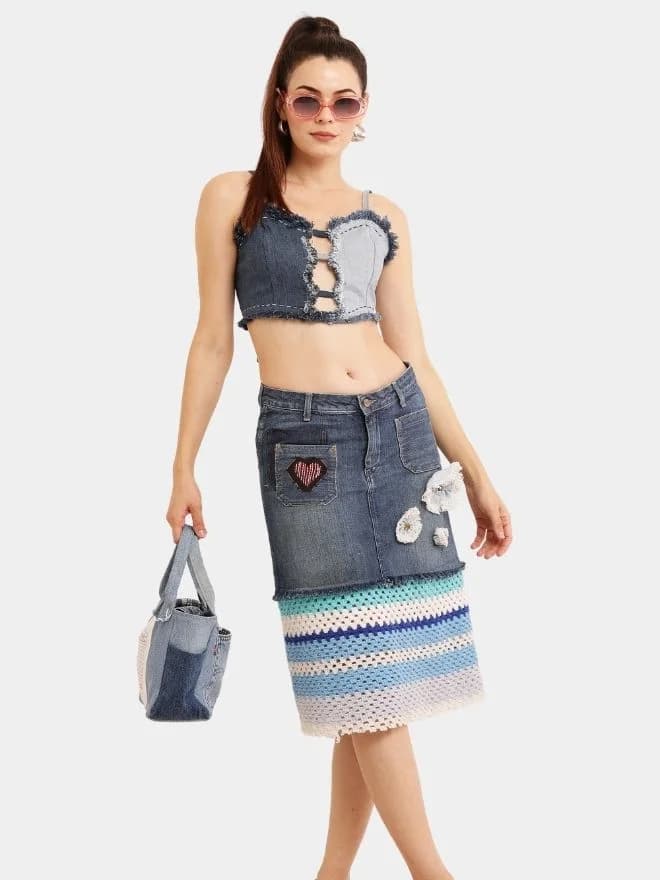 Distressed Heart Denim Top & Crochet Patchwork Skirt Set — image 1 of 9
