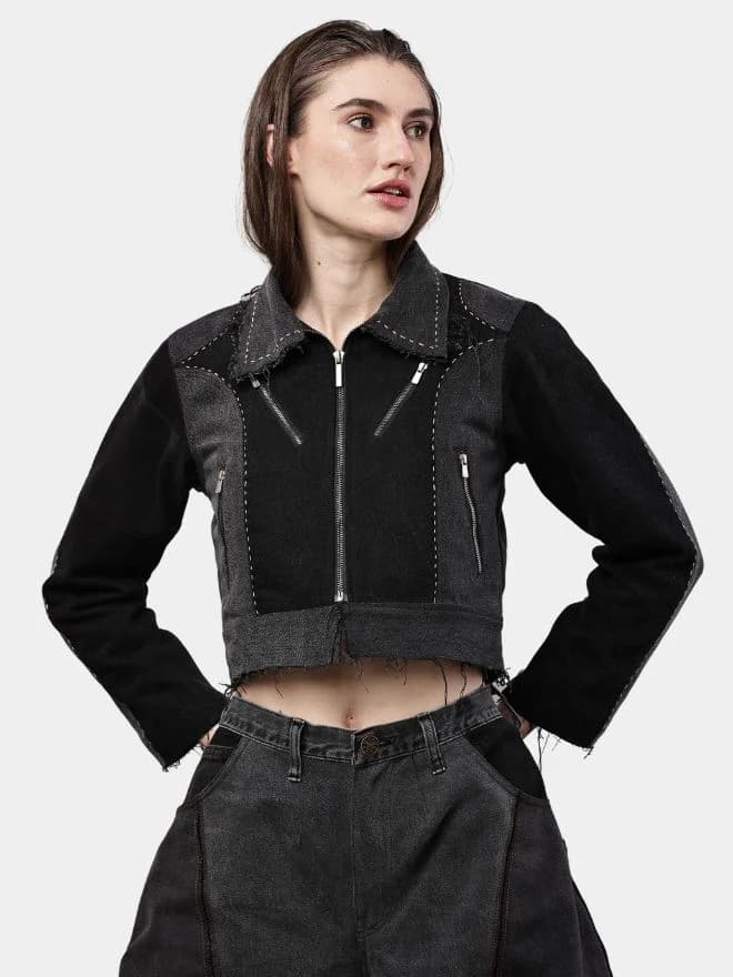 Jacket with Zipper Detail & White Thread Patchwork — image 1 of 24