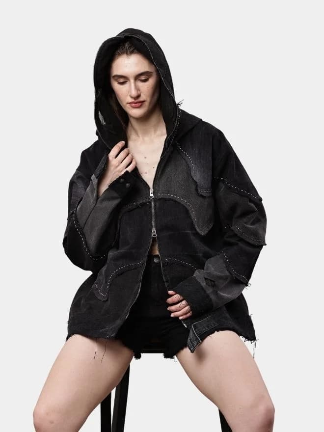 Double Hood Black Denim Jacket – Full Head Zip Mask Jacket — image 1 of 12