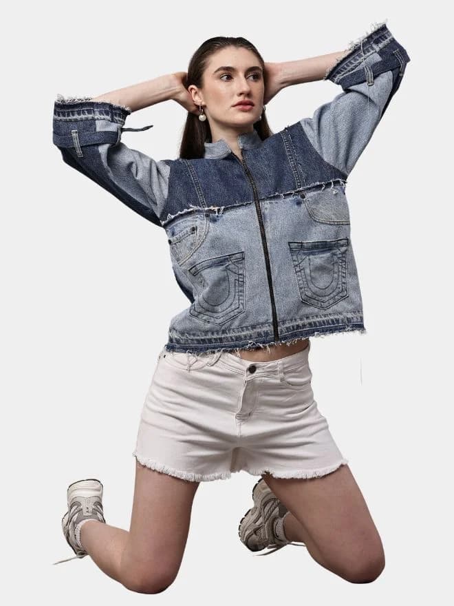 Two Tone Blue Reworked Denim Jacket with Utility Pockets — image 1 of 9