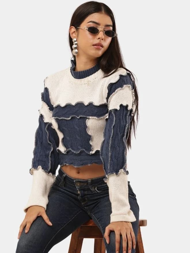 Vintage Cable Knit Crop Sweater – Blue & White Panel Design — image 1 of 14