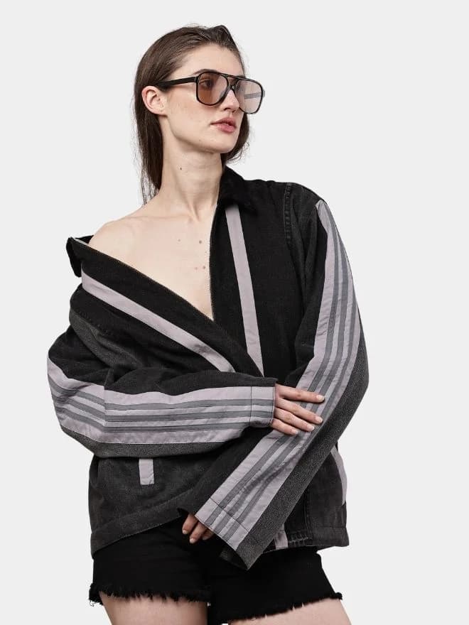 Two-Tone Black Denim Jacket with Grey Stripe Panels — image 1 of 9