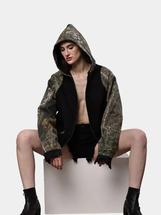 Reworked Realtree Camo & Black Denim Hooded Jacket — image 1 of 10