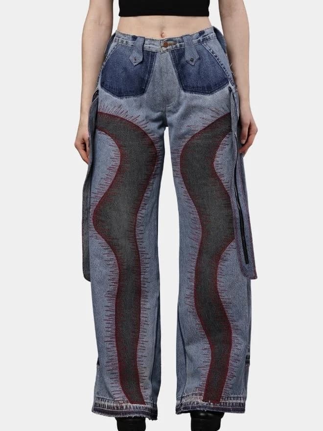 Denim Pants with Red Thread Detailing & 3D Pocket Design — image 1 of 15