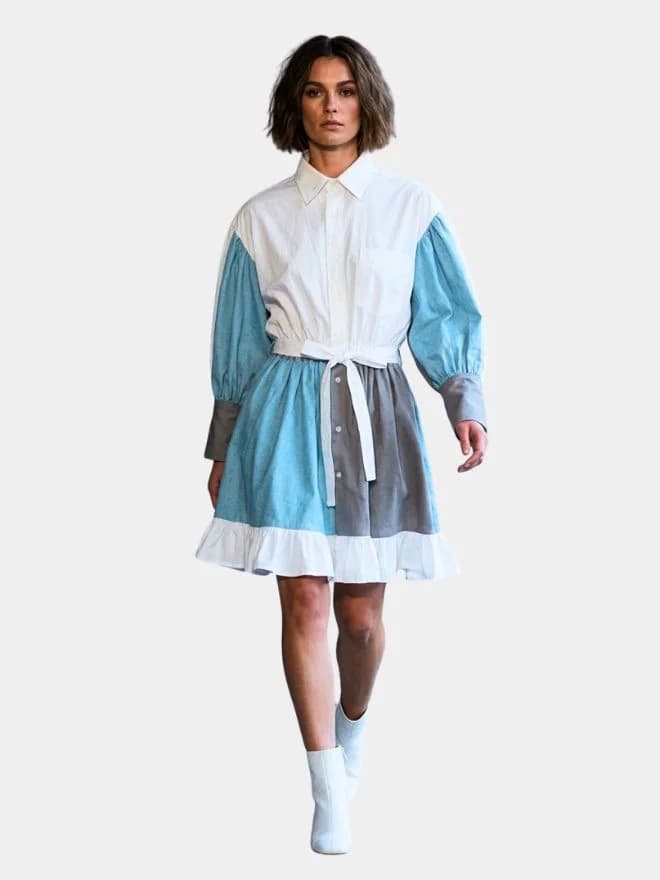 Color-Block Puff Sleeve Shirt Dress with Ruffled Hem — image 1 of 7